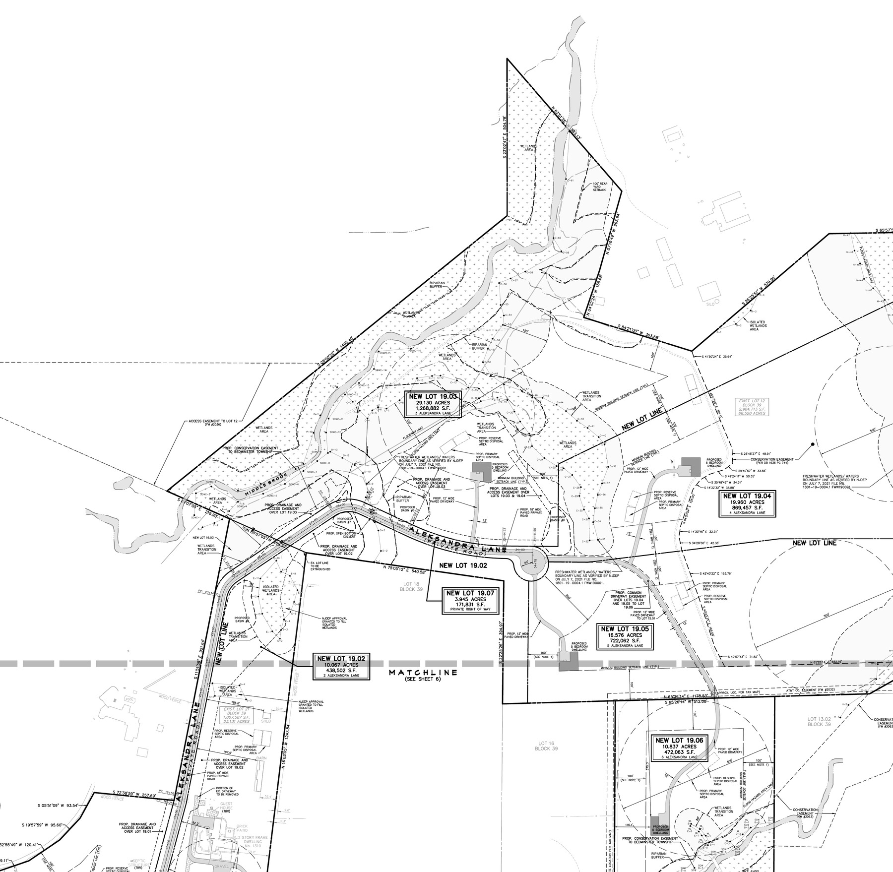 Recorded subdivision plat sheet showing New Lots 19.02 through 19.07 along Aleksandra Lane with acreage callouts