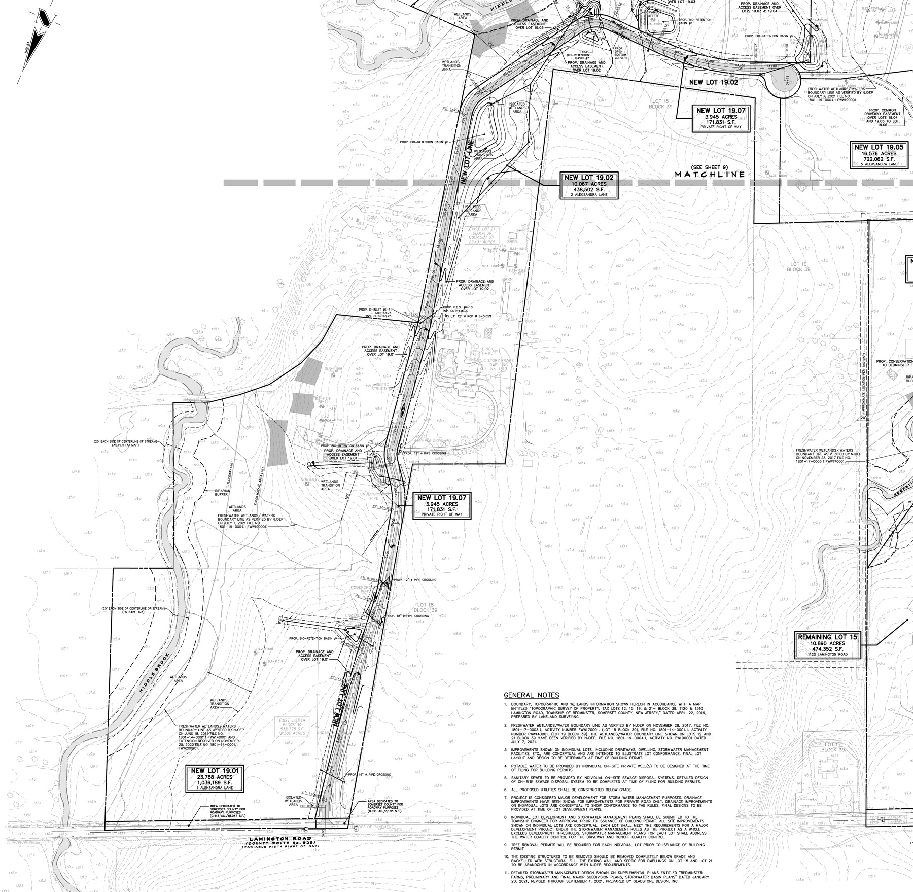 Recorded subdivision plat sheet showing New Lot 19.01, Remaining Lot 15 and the private right of way to Lamington Road